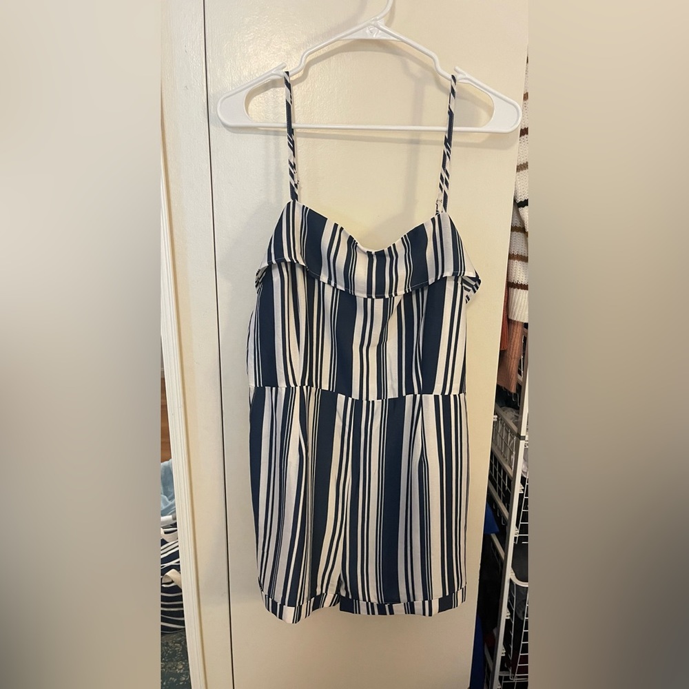 Paper Crane white & blue striped romper